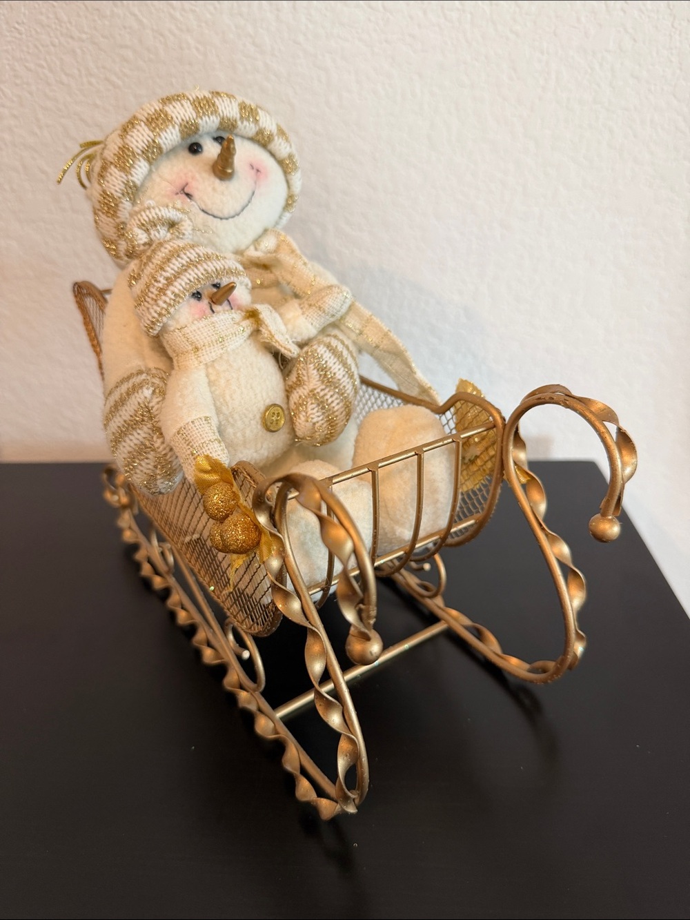 Vintage 2005 Avon Gold Metal Decorative Sleigh with Plush Snowman Duo